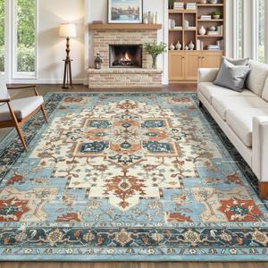 8x10 Area Rugs for Living Room, Machine Washable Non Slip Carpet, Large Vintage Floral Aesthetic Rug, Bedroom Decor, Nectar, Orange/Blue