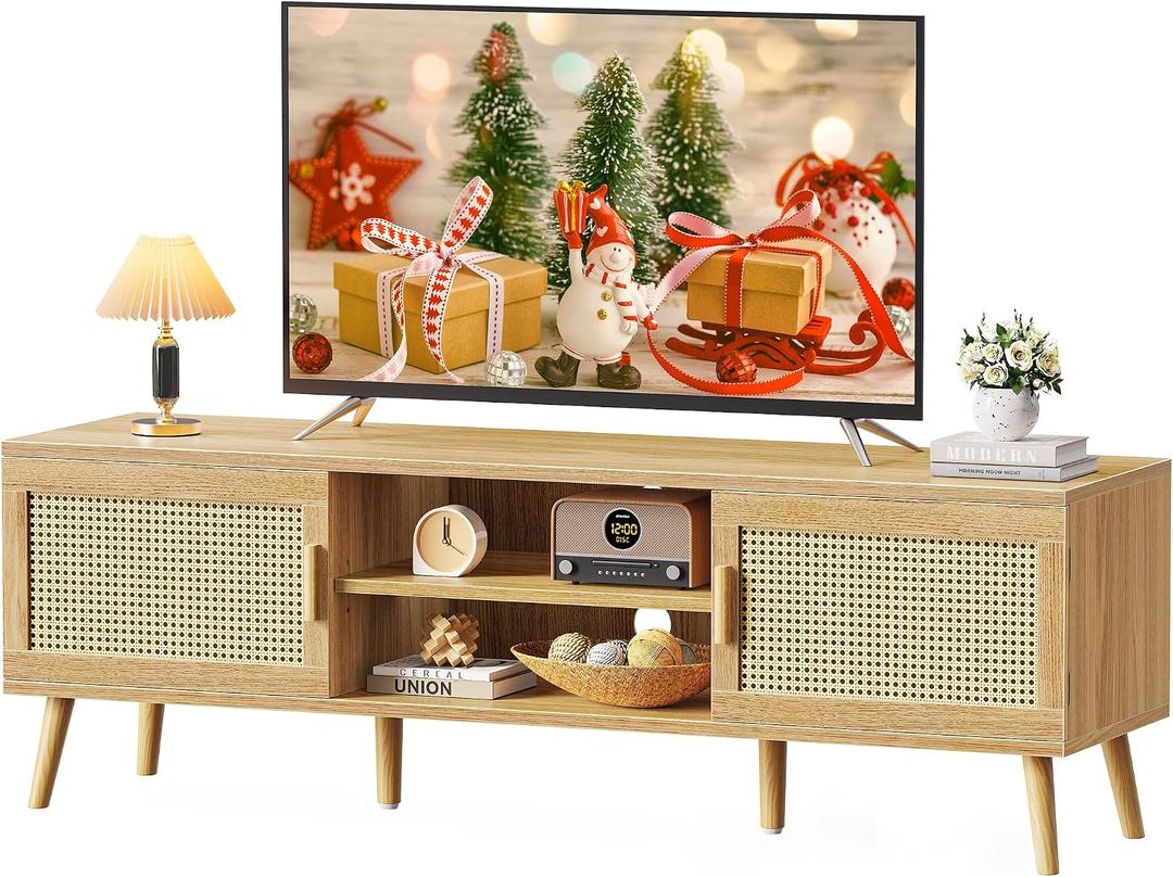 SUPERJARE Boho TV Stand for 65 Inch TV, Entertainment Center with Adjustable Shelf, Rattan TV Console with 2 Cabinets, Media Console, Solid Wood Feet, 4 Cord Holes, for Living Room - Natural, 53.9"