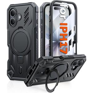 FNTCASE for iPhone 17 Phone Case: Magnetic Phone Cases with [Ring Kickstand] [Built-in Screen Protector] [Heavy Duty Military Grade Protection] Shockproof Full Body Hard TPU Phone Cases Black