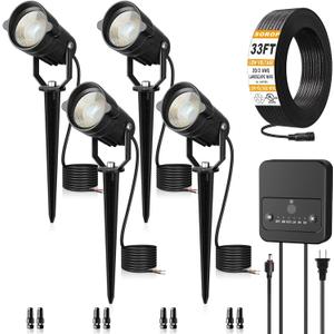 Landscape Lighting Kit, Low Voltage Landscape Lights with Dusk to Dawn Transformer 33FT Wire, Waterproof Outdoor Landscape Lights 3000K 12-24V, Outdoor Spotlight for Yard House 4Pack