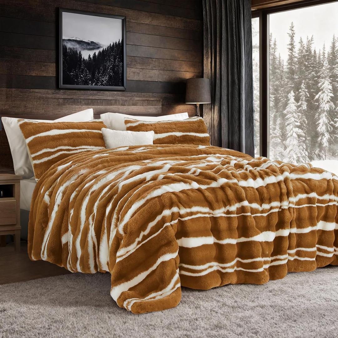 Wonderful 3 Pieces Fluffy Faux Rabbit Fur Comforter Set King Size, Caramel Plush Fuzzy Bedding Set, Animal Stripes Design Warm Soft Comforter Bedding Set for All Season,104"x94"