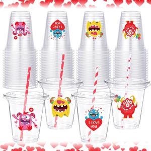 Eaasty 20 Sets Valentine's Day Plastic Cups with Lid and Straws, 12 oz Clear Disposable Valentines Monster Cups Party Supplies with Stickers for Iced Coffee Juice Beverage Drinking