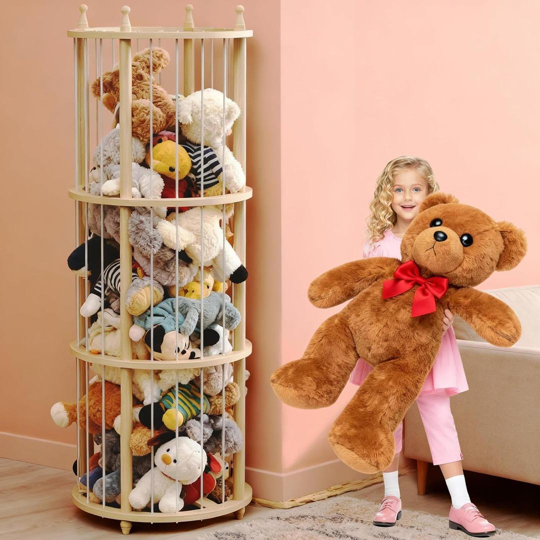 Extra Large Wooden Stuffed Animal Storage Zoo, Natural Wood Stuffy Animal Holder, Space-Saving Plushies Storage for Playroom Nursery (55" H * 22" D)