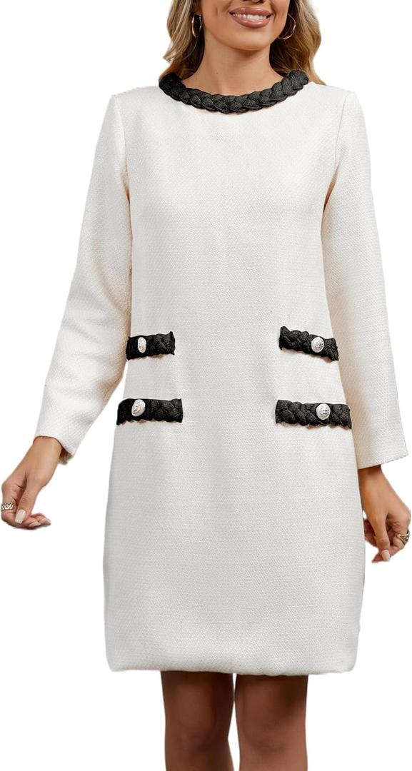 LifeShe Women's Long Sleeve Tweed Mini Dress Business Work Short Dress Elegant Cute Party Dresses (M)