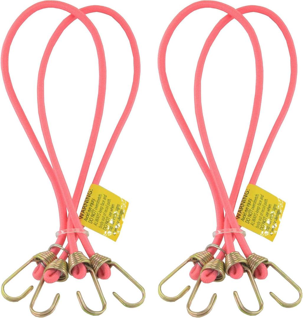 Marcobrothers Multipurpose Mini Bungee Cord with Steel Hook for Tarps, Tents, Camping Accessories and Auto Park Accessories (14 inch X 4, Pink)