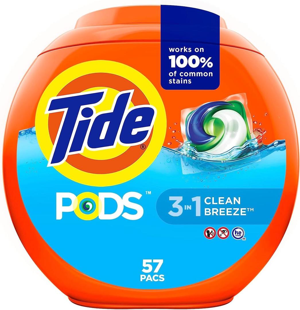 Tide PODS laundry detergent pacs, 3-in-1 Stain Remover, Odor Fighter, Color Protector, 57 Count, HE compatible, Clean Breeze Scent