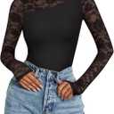 PINKYMSTYLE Womens Round Neck Lace Long Sleeve Bodysuit Sexy Double Lined Going Out Tops Fall Outfits 2024 (Black) M