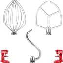 Stainless Steel 3 Piece kit AttachmentsDough Hook 6 Wire Whisk Flat BeaterCompatible with KitchenAid 5-6QT MixerBowl Lift Stand Mixer AccessoryRust ResistantDishwasher Safe