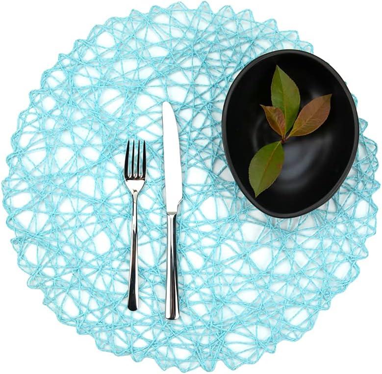 Restaurantware Spinweave 15 Inch Dining Table Placemats Set Of 6 Round Kitchen Table Mats - Semi-Disposable Handwoven Sky Blue Paper Circle Placemats Durable Table Mats For Holidays Or Weddings (Large)