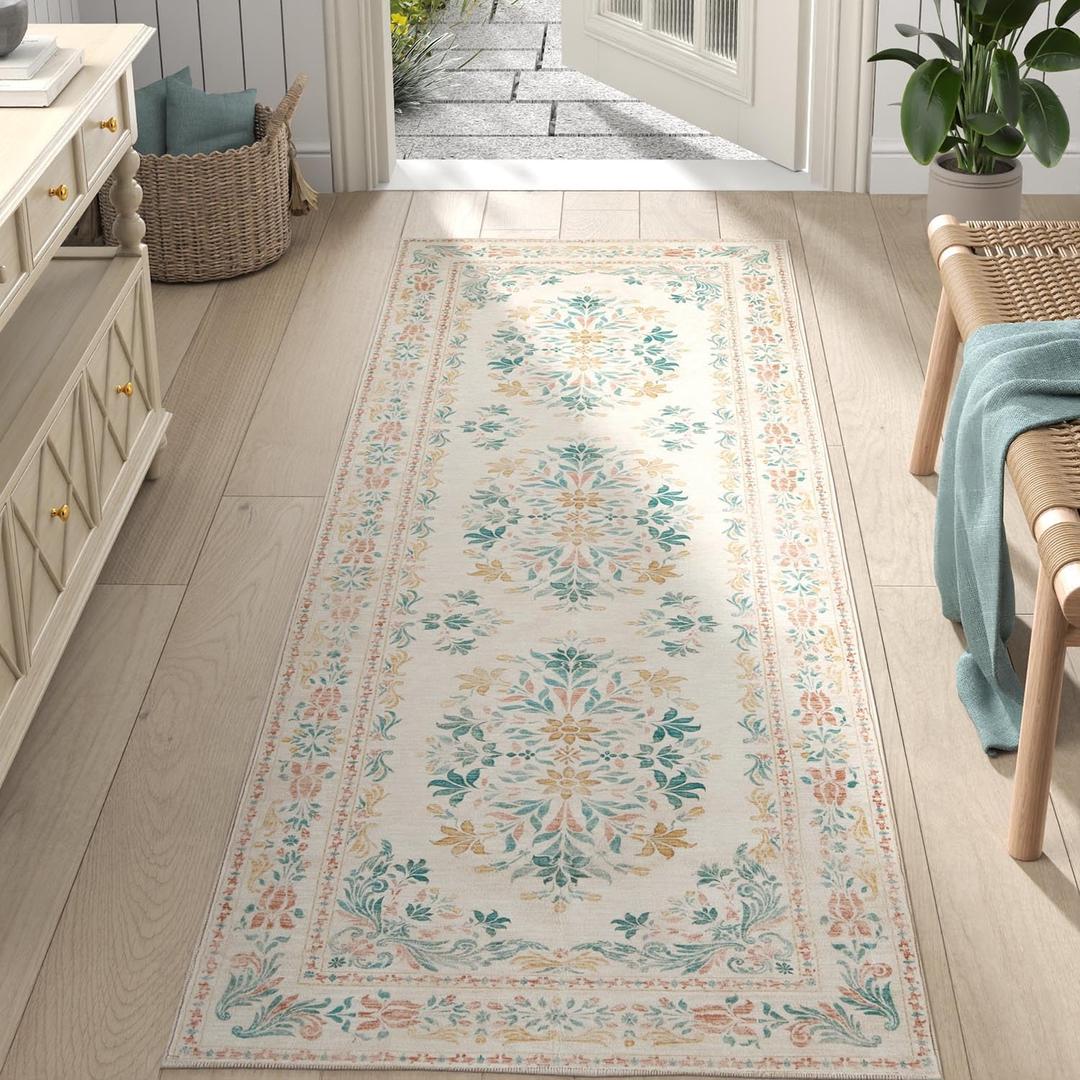 jinchan Hallway Runner Rug 2x8 Vintage Floral Distressed Design - Machine Washable Non-Slip Low-Pile Soft Thin Faux Wool Kitchen Carpet for Farmhouse Bedroom Laundry Room(2x8ft, Apricot Multi)