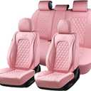 Coverado Full Set Car Seat Covers, Luxury Faux Leather Waterproof Seat Covers, Pink Car Seat Protectors, Universal Fit for Most Cars, Automotive Seat Covers-Pink
