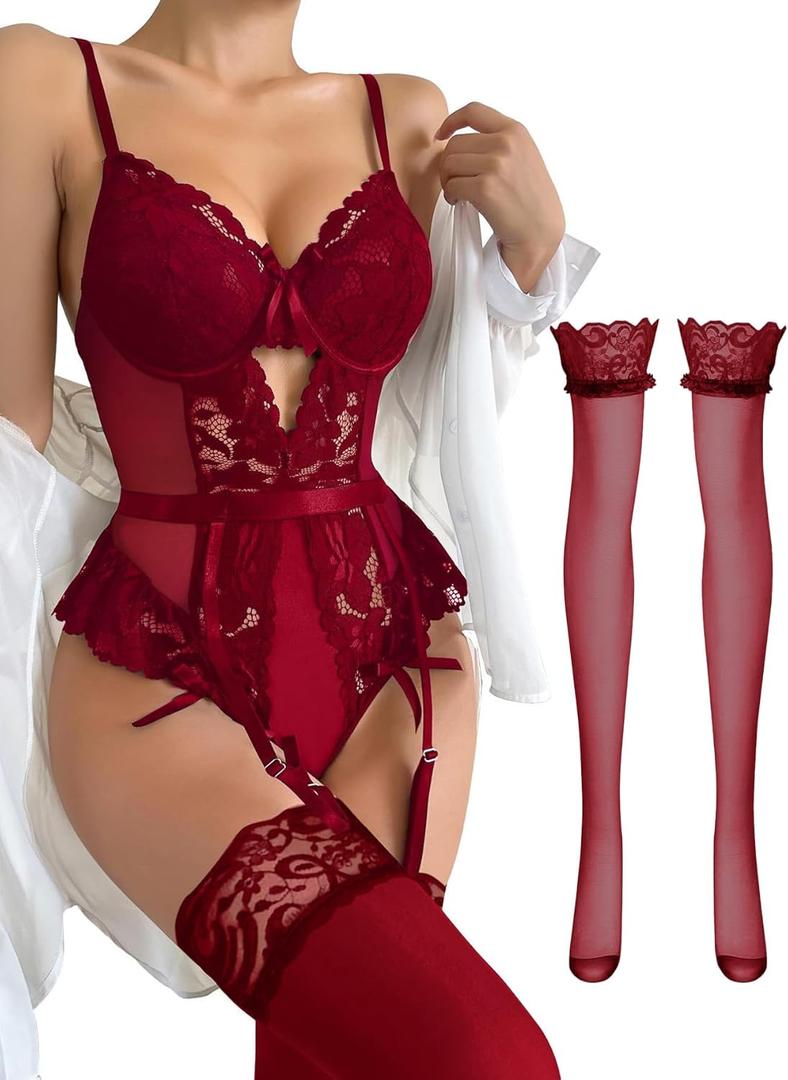Lilosy Sexy Stocking Lace Mesh Bodysuit Top Underwire Garter Lingerie Set One 3 Piece Bows Push Up Floral Sheer Babydoll Women Teddy See Through Burgundy Red, Small