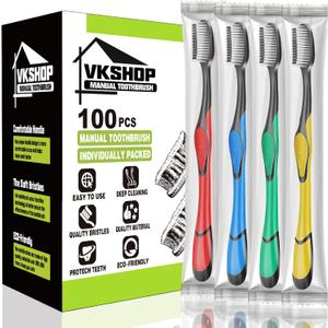 100 Bulk Charcoal Toothbrushes, Individually Wrapped Travel Toothbrush Set for Adults Kids, Disposable Manual Toothbrushes Set (4 Colors)