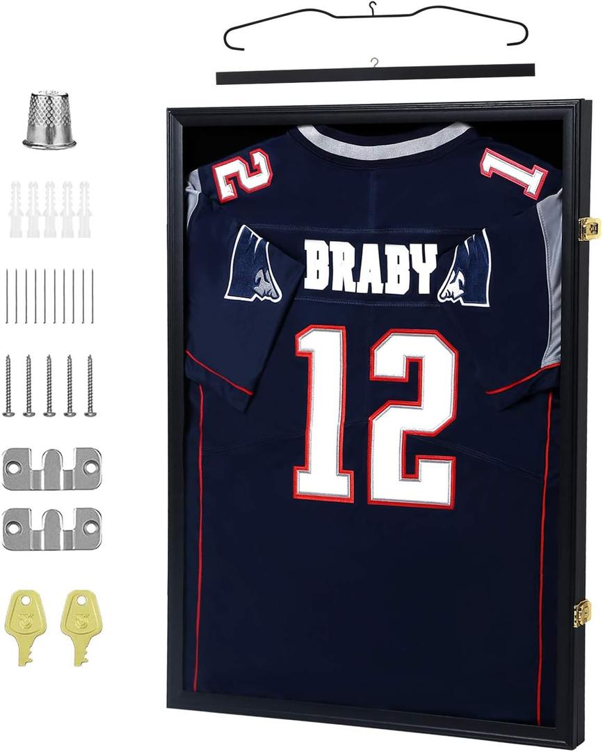 IHEIPYE Jersey Display Frame Case Lockable, Large Sport Jersey Shadow Box with UV Protection Acrylic and Hanger for Baseball Basketball Football Soccer Hockey Shirt and Uniform,Black