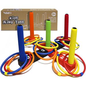 Ring Toss Game for Kids, Indoor & Outdoor Game for Family and Adults with 5 Poles, 2 Bases and 16 Rings in 4 Colors, Soft Foam Toy for Kids Backyard Ring Toss Fun