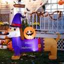 Tangkula 5 FT Halloween Inflatable Dachshund Dog, Inflatable Halloween Dog with a Ghost Pumpkin and Witch Hat, Indoor & Outdoor Holiday Decoration with Built-in LED Lights for Home Garden Party Yard