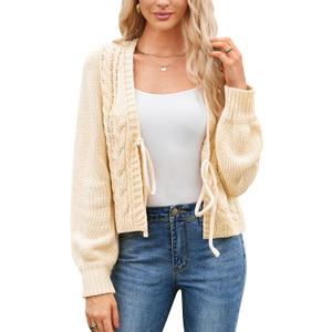 Honwenle Cardigan Sweaters for Women Cropped Tie Front Bow Lightweight Cardigan Long Sleeve Trendy Fall Shrugs (Black, L)