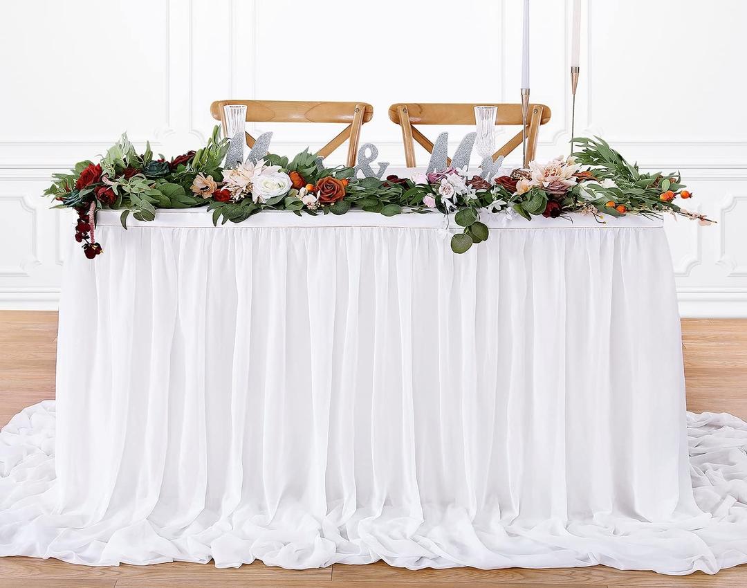 White Table Skirt for Rectangle Tables 14FT Chiffon Sheer Tablecloth for Birthday Party Sweetheart Cake Table Decoration