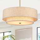 Gold Modern Chandelier 18'' Drum Pendant Light with Fabric Lampshade Hanging Light Fixture 3-Light Farmhouse Chandeliers for Dining Room Bedroom Kitchen Hallway Foyer