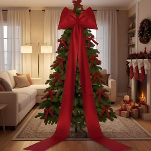 XunYee 13 Pcs Extra Large Christmas Tree Topper Bow Decoration - 32" x 118" Giant Satin Red Tree Topper Bow & Mini Ornaments for Home Winter Holiday Party Decor