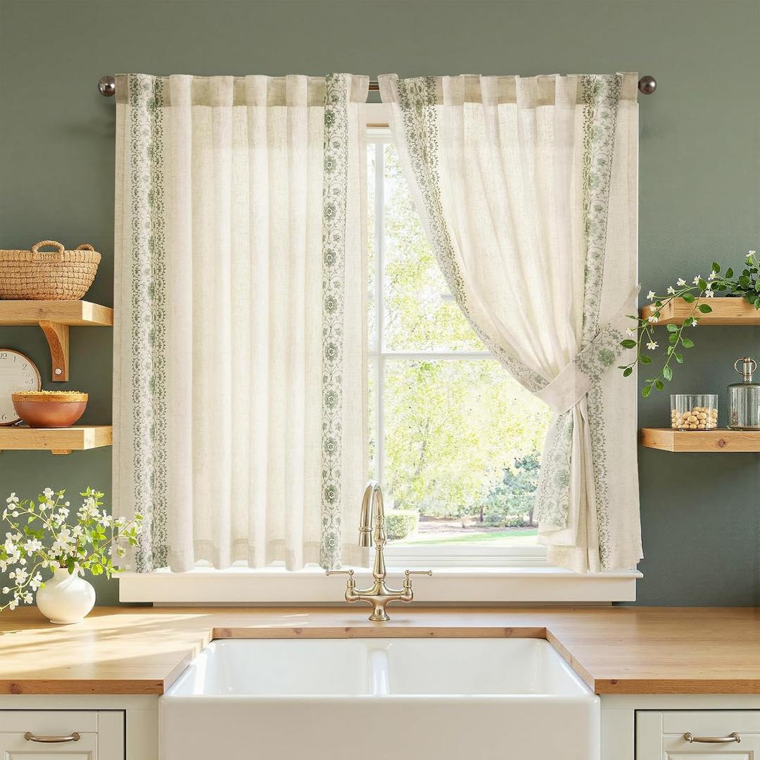 Jinchan Small Window Curtains 45 Inch Length Linen Cafe Curtains for Kitchen Bathroom Bordered Floral Embroidered Short Drapes Rustic Farmhouse Light Filtering Curtain Set 2 Panels Green on Beige