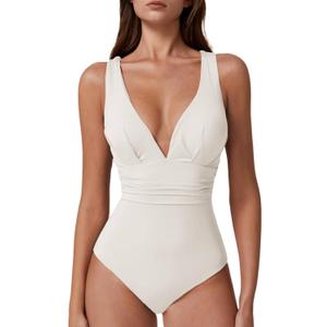 QINSEN Womens Sexy V Neck One Piece Bathing Suit Cross Back Swimsuit High Waist Monokini (Medium, White)