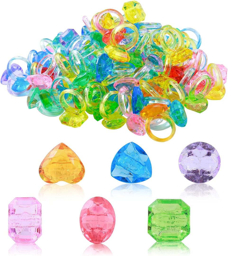 PASEMM 100Pcs Gem Rings Toys for Kids, Bulk Toys Diamond Ring Party Favors for Toddlers, Colorful Princess Ring Dress Up Accessories for Carnival Prizes,Goodie Bag Stuffers,Pinata Fillers,Birthday