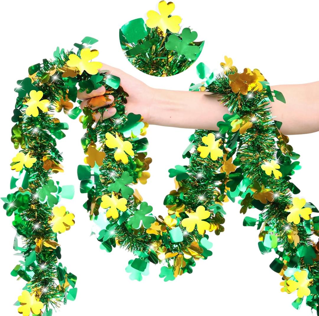 50FT St Patricks Day Decorations Green Gold Shamrock Hat Tinsel Garland Shamrock Decor Shiny Metallic Hanging Garlands Saint Patricks Day Decorations for Tree Mantel Home Indoor Irish Party Supplies