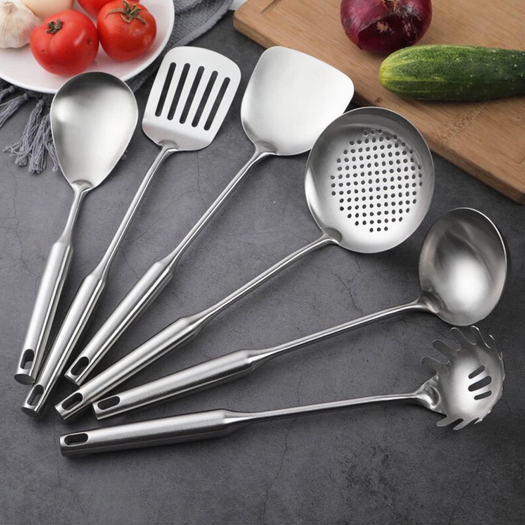 NIITAWH Stainless Steel Kitchen Utensils Set, 6 Pcs Professional All Metal Cooking Utensils Set 12-13.6 Inch, Wok Spatula, Ladle, Skimmer, Slotted Spatula Turner, Spaghetti Spoon, Large Spoon