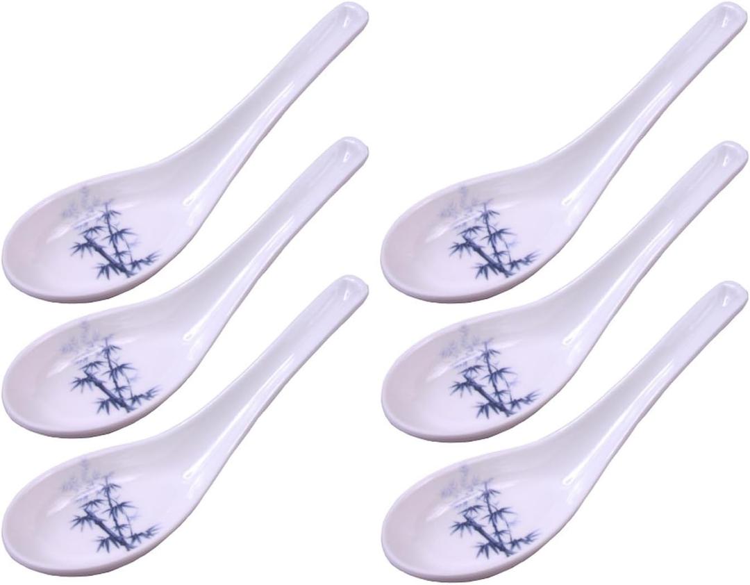 Happy Sales Melamine Soba, Rice Spoons, Asian Chinese Won Ton Soup Spoon, 6 Pack Blue Bamboo Design