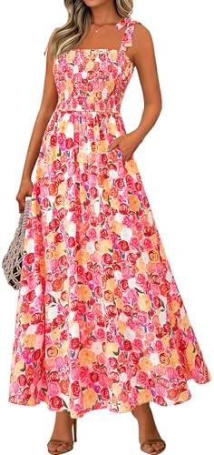 PRETTYGARDEN Womens Summer Dresses Floral Sleeveless Smocked Maxi Dress Boho Spaghetti Strap A Line Flowy Beach Long Sundress M