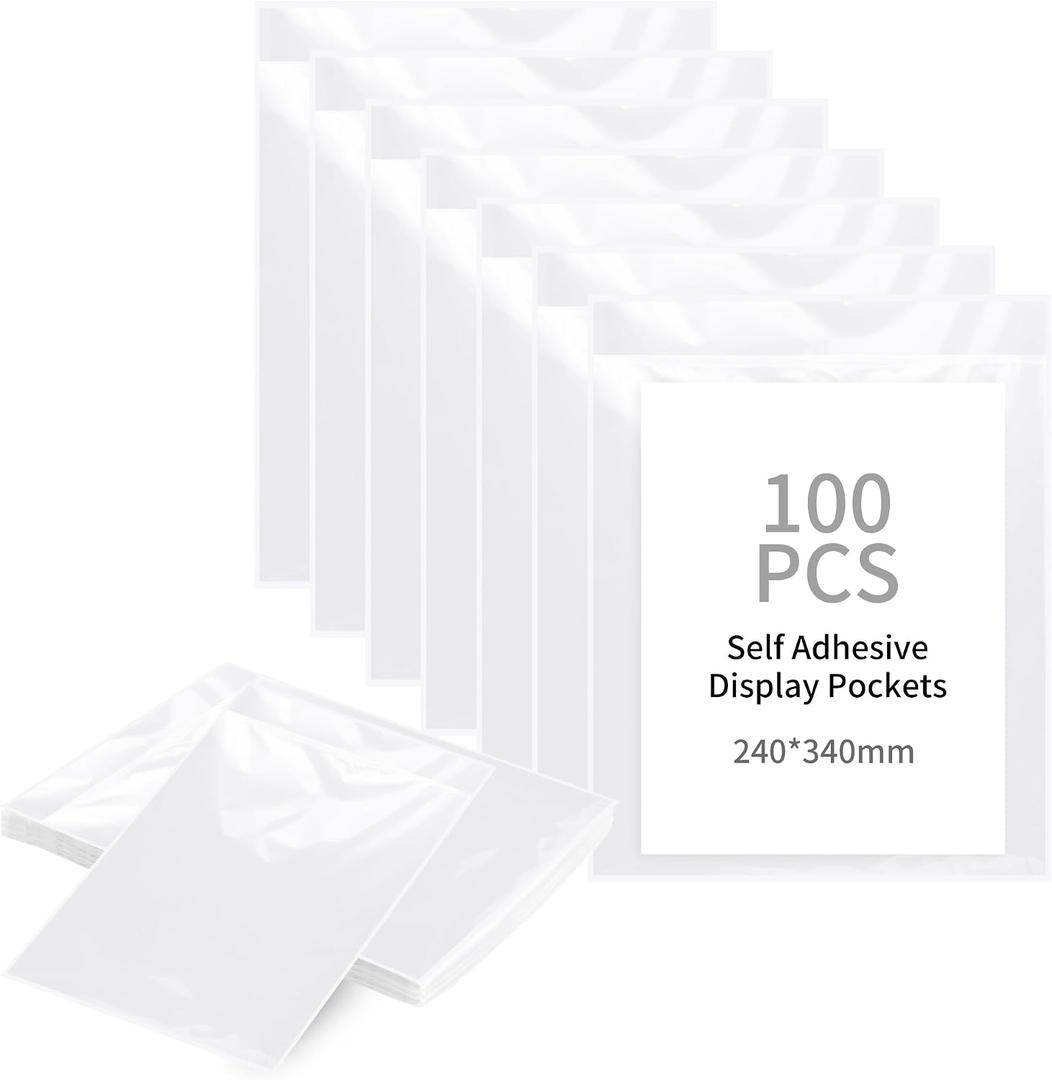 souG 100Pcs 9.5'' x 12'' Self Adhesive Display Pockets - 8.5 x 11 Inch Paper Sleeves for Wall and Door Communication, Clear Adhesive Sheet Protectors for Office, School, Box Posting Signs