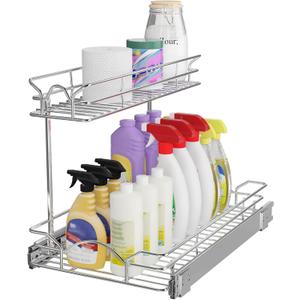 OCG Under Sink Cabinet Organizer Two Tier Pull Out Shelf (14.75W x 17D), Under Sink Sliding Shelf for Kitchen Bathroom Cabinet 2 Tier Chrome, 14.75W17D