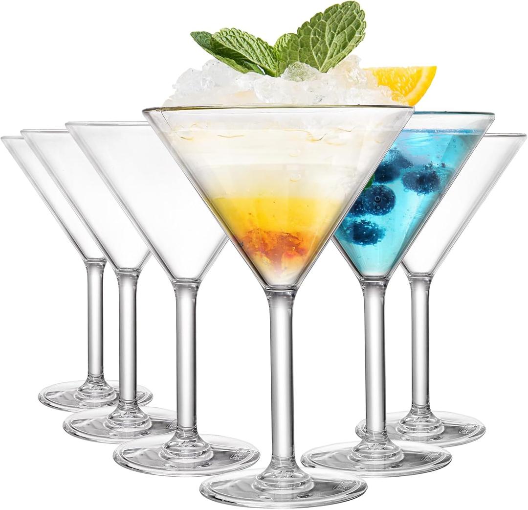 Yopay Set of 6 Unbreakable Martini Glasses, 10 Ounce Plastic Cocktail Glasses for Whiskey, Margarita, Manhattan, Holiday, Party, Reusable, Break Resistant, Clear Polycarbonate Glassware