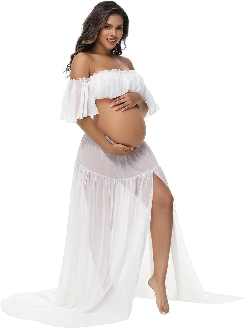 Maternity 2 Piece Outfits Dress Tube Top Ruffle Sleeves Split Skirt for Photoshoot Baby Shower (White)