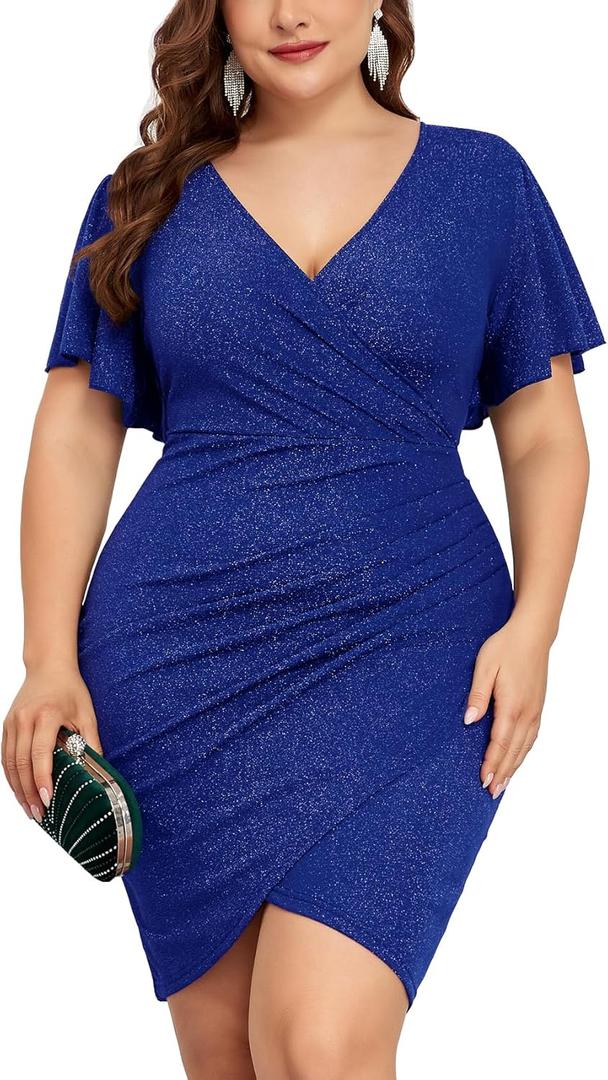 ZOMVA Plus Size 0X-4X Sparkly Glitter Ruched Bodycon Mini Dress Sparkle Sequin Wrap Ruffle Sleeve Dress Cocktail Party Formal (1. Ruffle Sleeves, Royal Blue)