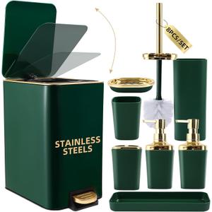 XLHOMO Bathroom Set Bathroom Accessories Set 8 Piece Green and Gold Bathroom Set, Bathroom Sets with Stainless Steel Trash Can,Toilet Brush,Toothbrush Set,Soap Dispenser