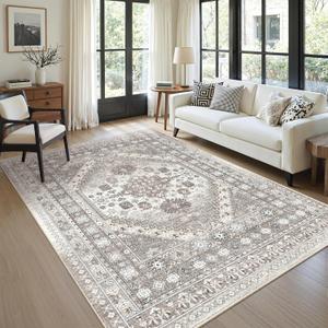 zesthome 5x7 Area Rugs - Ultra-Thin Washble Rug, Stain Resistant Anti Slip Backing Rugs for Living Room,Bedroom, Vintage Home Decor Area Rug (Brown/Beige,5'x7')