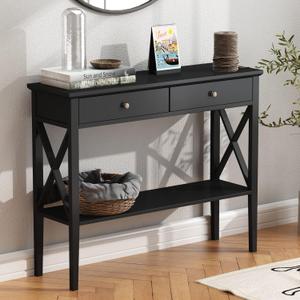 ChooChoo Console Table with Drawers, Narrow Wood Accent Sofa Table Entryway Table with Storage Shelf for Entryway, Front Hall, Hallway, Living Room, Black (11.8"D x 39.4"W x 31.5"H)