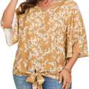 SCOMCHIC Women's Plus Size Blouses V Neck Tops 3/4 Sleeve Tie Knot Casual False Button Down Shirts XL-5XL (Floral Yellow)