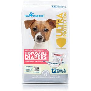Paw Inspired Disposable Dog Diapers | Female Dog Diapers Ultra Protection | Diapers for Dogs in Heat, Excitable Urination, or Incontinence (12 Count, Small)