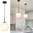 10" Globe Milk Glass Black Pendant Light, Mid Century Modern Hanging Ceiling Light Fixture for Dining Room, Kitchen Island Lighting