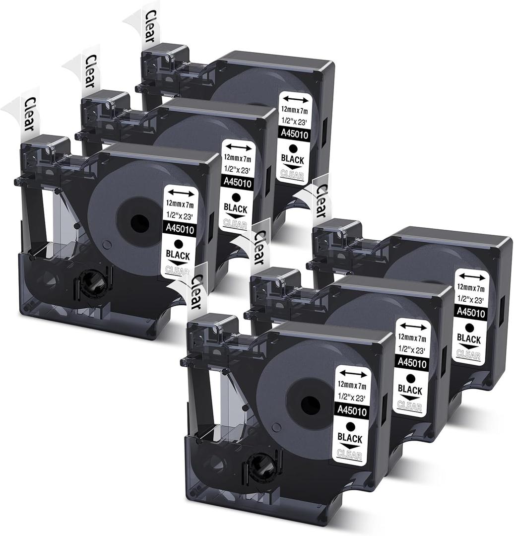 COLORWING Compatible with DYMO D1 Label Tape Black on Clear Replace for DYMO Label Maker Refills 45010 S0720500, 1/2Inch x 23Ft for Dymo LabelManager 160 210D 280 360D Label Maker, 6-Pack