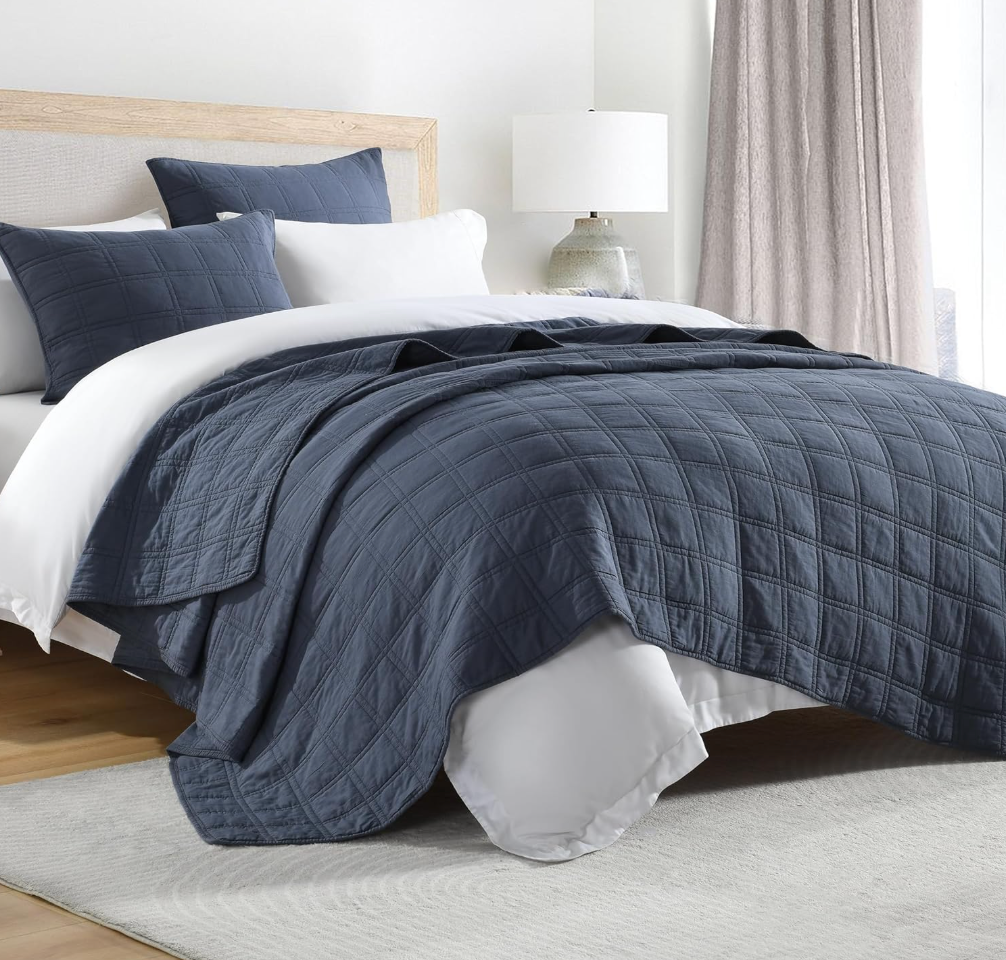 100% Cotton Quilt Set Queen Size, Denim Blue Pre-Washed Bedspreads Coverlet Set in Geometric Pattern, Cozy Lightweight Stitching Decorative Bedding Cover with 2 Shams for All Season