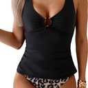 Eomenie Women's Tankini Swimsuit Two Piece Tummy Control Bathing Suit V Neck Ring Linked Swimwear with High Waisted Bottoms (XX-Large, Black and Leopard)