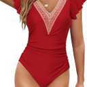 AI'MAGE Women's One Piece Swimsuits Lace Sexy V Neck Bathing Suit Ruffle Cap Sleeve Tummy Control Monokini Swimwear S-XXL (Red)