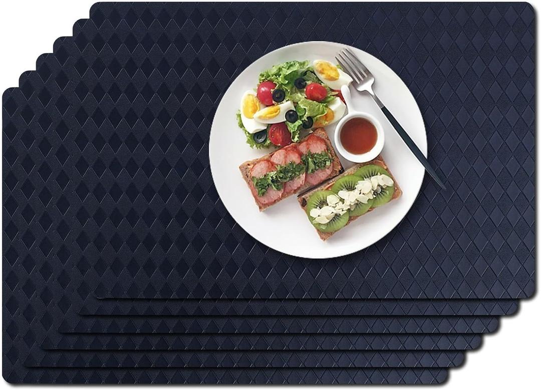 Vinyl Placemats Set of 6-1217.7 Inch Waterproof & Heattable Placemats, Fall Faux Leather Wipeable Outdoor Table Mat for Dining, Kitchen, Indoor Outdoor Use (Dark Blue, Diamond Pattern)