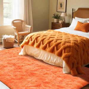 Shag Area Rug for Bedroom, 3x5 Feet Fluffy Rugs for Girls Boy's Bed Bedside, Plush Carpet with Non-Slip Bottom for Living Room Office Dorm Nursery Room, Orange