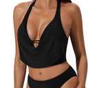 SUUKSESS Women Sexy Two Piece Bikini Set Halter Cowl Neck Bathing Suit (Black, L)