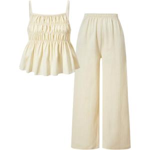 Girl's 2 Piece Vacation Holiday Outfits Ruffle Peplum Tops and Long Pants Set Summer Clothes (White)